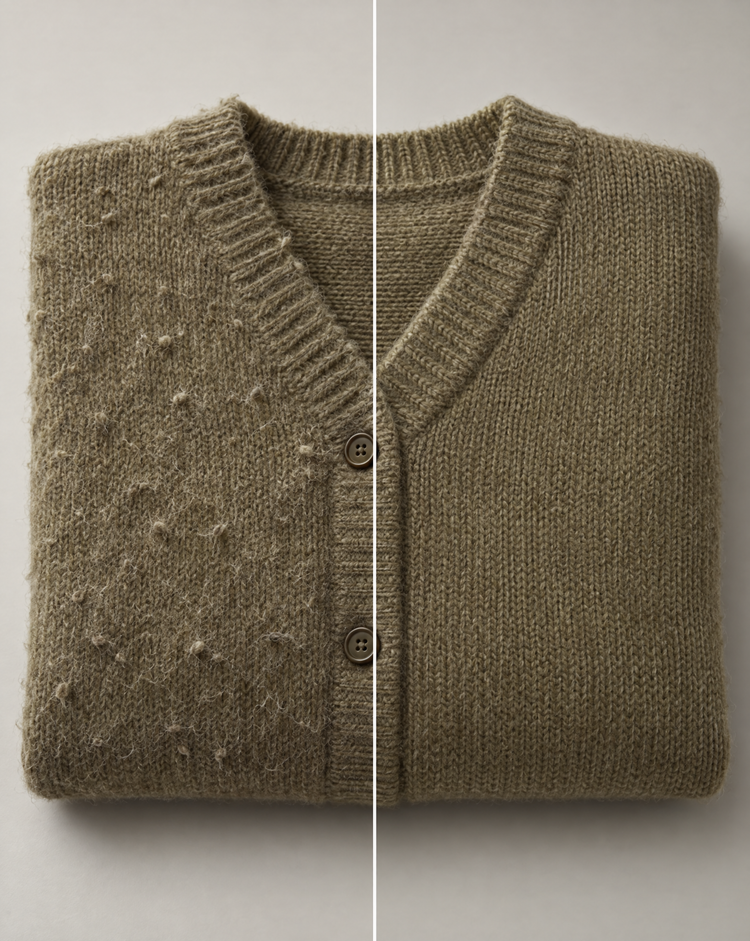Vest met bolletjes voor en na de Fabric Shaver